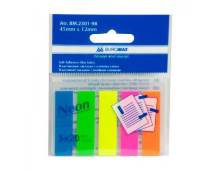 Стікер-закладка Buromax Plastic bookmarks 45x12mm, 5х20шт, rectangles, neon colors (BM.2301-98)