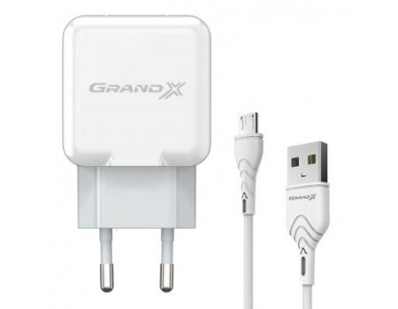 Зарядний пристрій Grand-X USB 5V 2,1A White + cable USB -> micro USB, Cu (CH-03UMW)